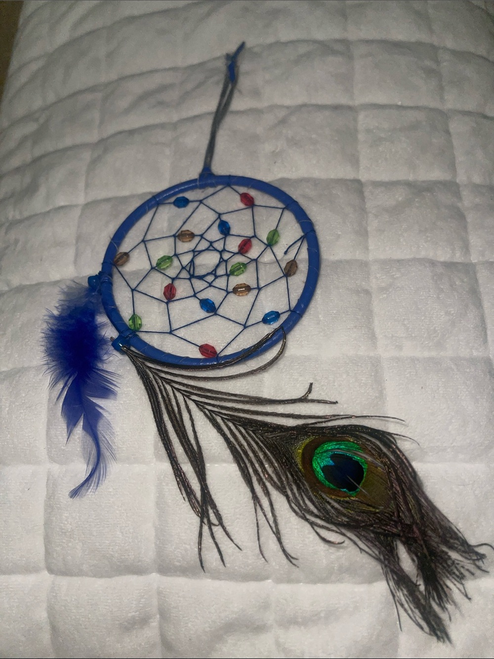 Blue Dreamcatcher with Peacock Feather - Handcrafted Home Accent